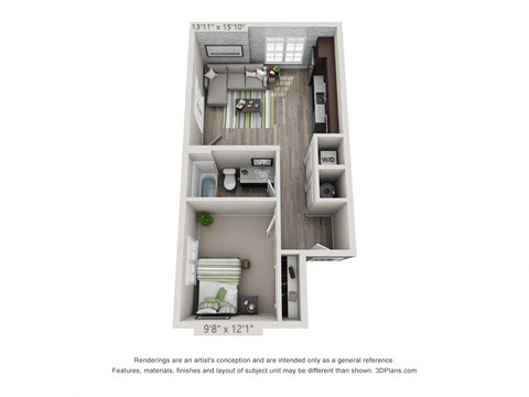 a 3d floor plan of a 1 bedroom with 1 bath